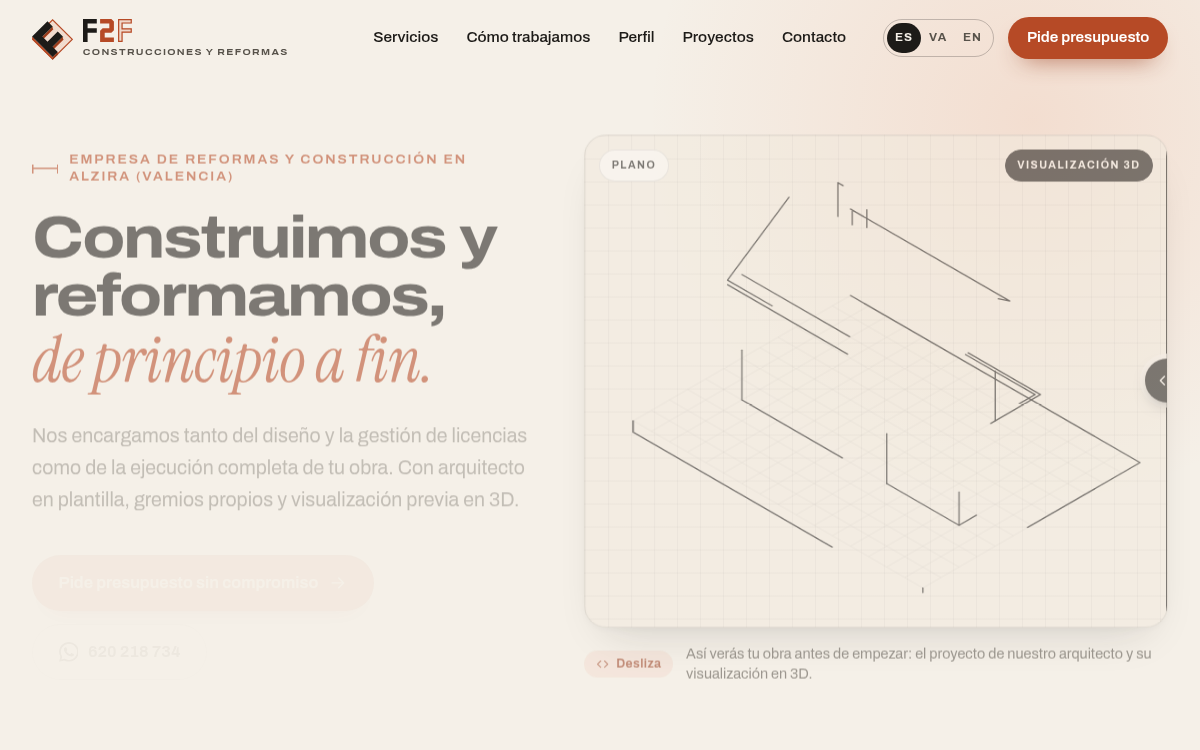 La web de Construcciones y Reformas F2F vista en un ordenador